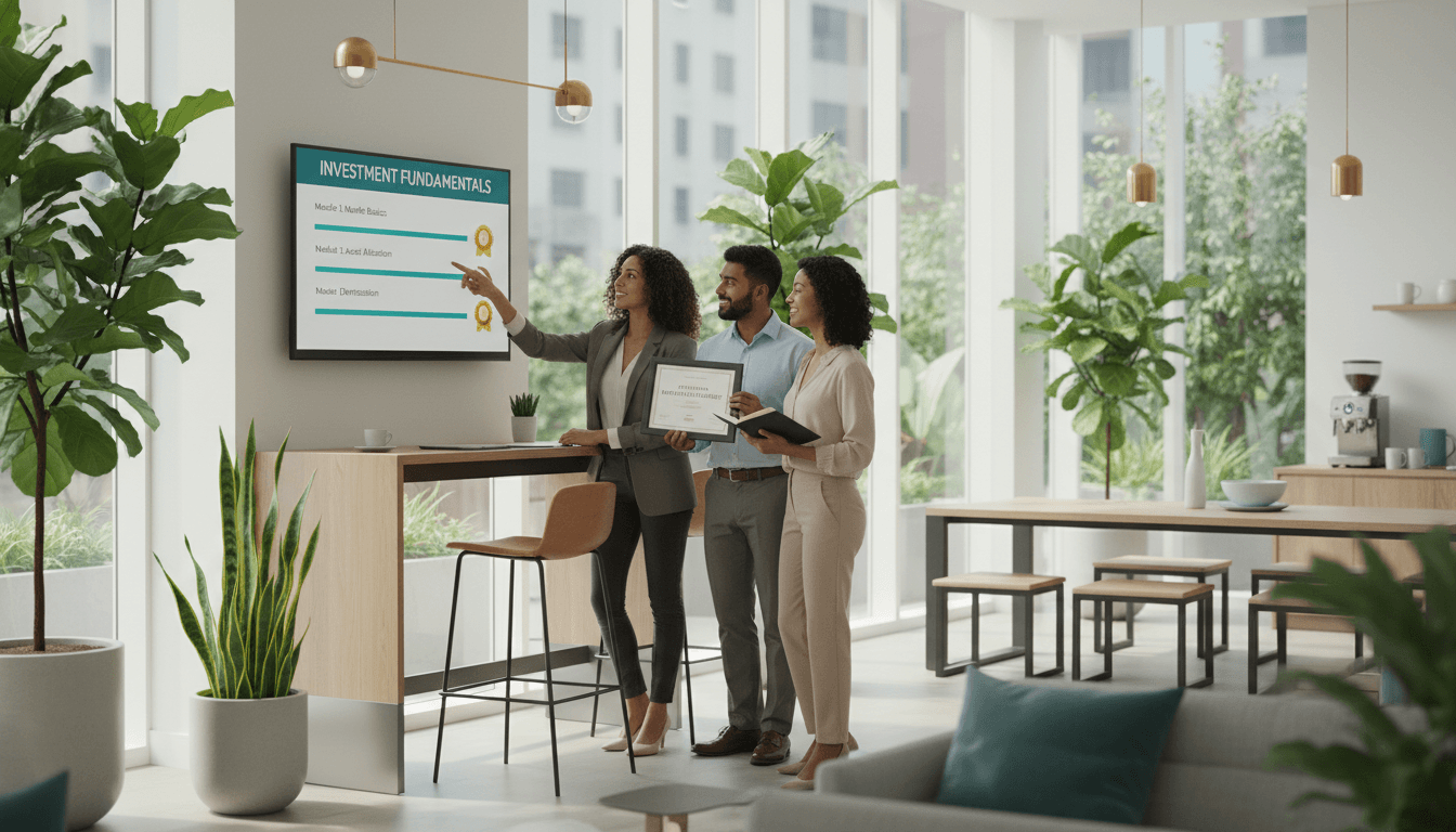 Three diverse professionals collaborating around a monitor showing investment course progress in bright modern office space